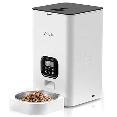 VOLUAS Automatic Cat Feeder, Timed Cat Food Dispenser with Desiccant Bag for Dry Food, Key Enable Programmable, 0-12 Portion Control, 1-4 Meals per Day & 10s Voice Recorder for Small Medium Pets (6L)