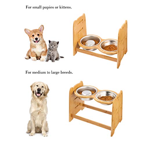 Yangbaga Raised Dog Bowl, Bamboo Elevated Dog Bowl for Dogs and Cats, 3 Adjustable Heights with 2 Stainless Steel Bowls, Anti-Slip Rubber Feet and Anti-Noise Pieces