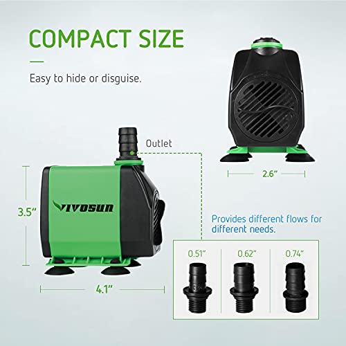 VIVOSUN 800GPH Submersible Pump(3000L/H, 24W), Ultra Quiet Water Pump with 10ft. High Lift, Fountain Pump with 6.5ft. Power Cord, 3 Nozzles for Fish Tank, Pond, Aquarium, Statuary, Hydroponics