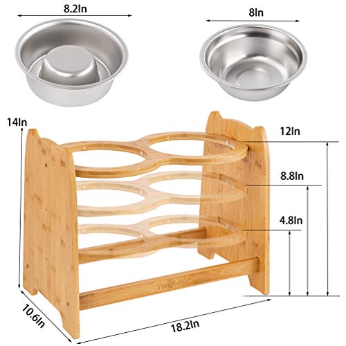 Yangbaga Raised Dog Bowl, Bamboo Elevated Dog Bowl for Dogs and Cats, 3 Adjustable Heights with 2 Stainless Steel Bowls, Anti-Slip Rubber Feet and Anti-Noise Pieces