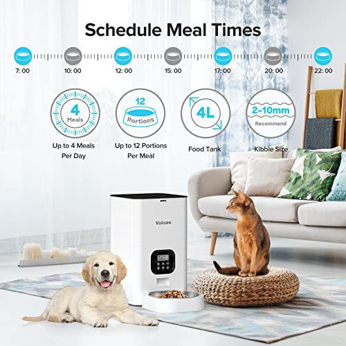 VOLUAS Automatic Cat Feeder, Timed Cat Food Dispenser with Desiccant Bag for Dry Food, Key Enable Programmable, 0-12 Portion Control, 1-4 Meals per Day & 10s Voice Recorder for Small Medium Pets (6L)