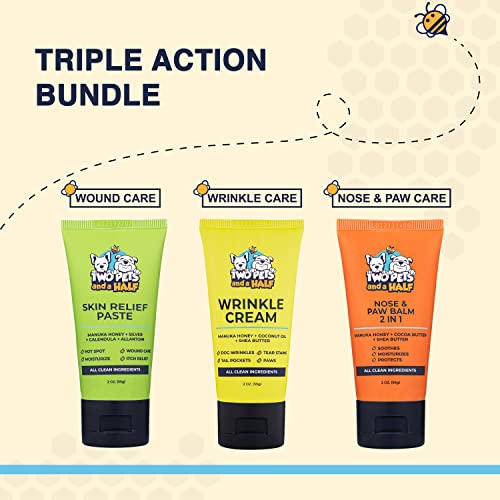 Bulldog Care (Pack of 3)-Wrinkle Cream+Silver Honey Skin Soother+Paw & Nose Balm-Manuka Honey Hot Spot Treatment for English & French Bulldogs-Bulldog Skin Relief & Bulldog Itch Relief-Dog Paw Balm