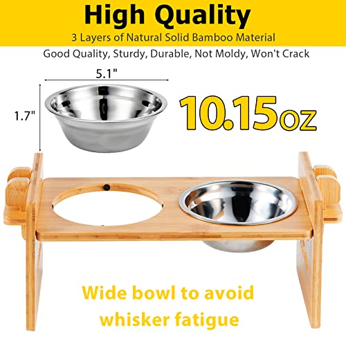 5 Heights - VALUCKEE Elevated Cat Bowls, 15° Tilted Raised Cat and Small Dog Food Water Bowls, Raised Pet Dish, Solid Bamboo Pet Stand Feeder Set, Pet Feeding Stainless Steel Bowl with Waterproof Mat