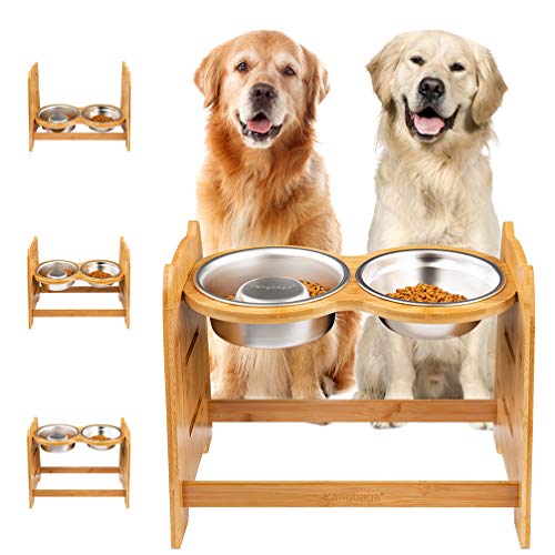 Yangbaga Raised Dog Bowl, Bamboo Elevated Dog Bowl for Dogs and Cats, 3 Adjustable Heights with 2 Stainless Steel Bowls, Anti-Slip Rubber Feet and Anti-Noise Pieces