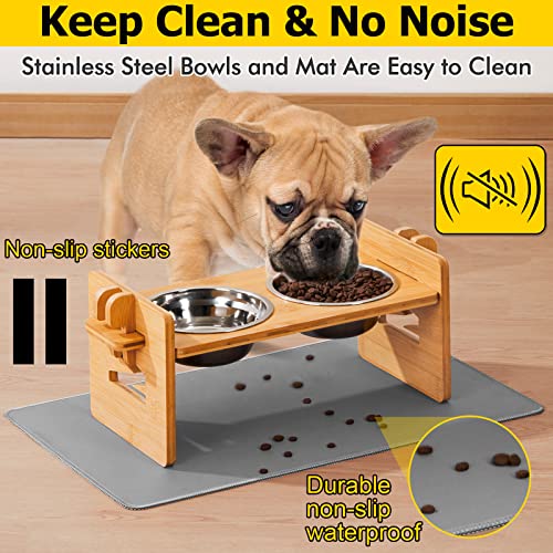 5 Heights - VALUCKEE Elevated Cat Bowls, 15° Tilted Raised Cat and Small Dog Food Water Bowls, Raised Pet Dish, Solid Bamboo Pet Stand Feeder Set, Pet Feeding Stainless Steel Bowl with Waterproof Mat