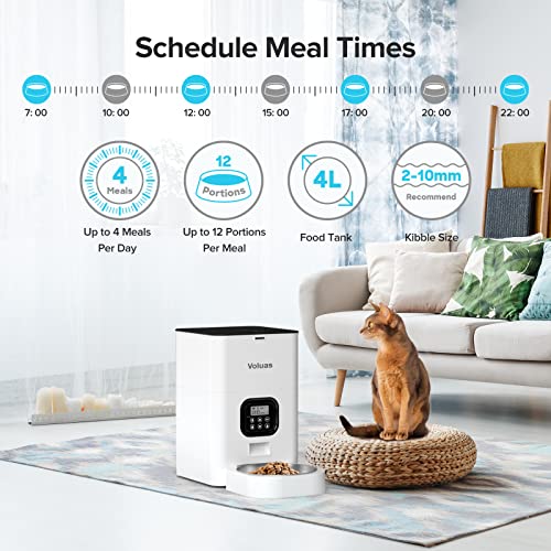 VOLUAS Automatic Programmable Cat Pet Feeder 4L, Meal Timing, Dry Food Meal Portion Size Control, 10s Voice Record Meal Call, 1-4 Meals, Included Desiccant Bag, Small Medium Pets