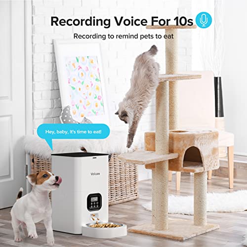 VOLUAS Automatic Cat Feeder, Timed Cat Food Dispenser with Desiccant Bag for Dry Food, Key Enable Programmable, 0-12 Portion Control, 1-4 Meals per Day & 10s Voice Recorder for Small Medium Pets (6L)