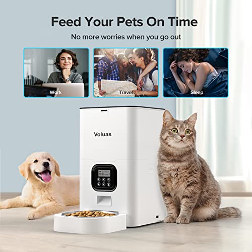 VOLUAS Automatic Cat Feeder, Timed Cat Food Dispenser with Desiccant Bag for Dry Food, Key Enable Programmable, 0-12 Portion Control, 1-4 Meals per Day & 10s Voice Recorder for Small Medium Pets (6L)