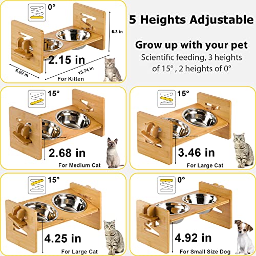 5 Heights - VALUCKEE Elevated Cat Bowls, 15° Tilted Raised Cat and Small Dog Food Water Bowls, Raised Pet Dish, Solid Bamboo Pet Stand Feeder Set, Pet Feeding Stainless Steel Bowl with Waterproof Mat