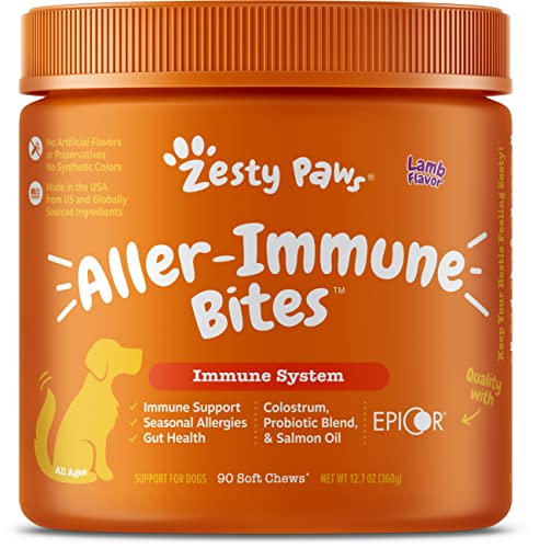 Zesty Paws Allergy Immune Supplement for Dogs Lamb- with Omega 3 Wild Alaskan Salmon Fish Oil & EpiCor + Digestive Prebiotics & Probiotics - Anti Itch & Skin Hot Spots + Seasonal Allergies - 90 Chews