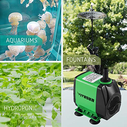 VIVOSUN 800GPH Submersible Pump(3000L/H, 24W), Ultra Quiet Water Pump with 10ft. High Lift, Fountain Pump with 6.5ft. Power Cord, 3 Nozzles for Fish Tank, Pond, Aquarium, Statuary, Hydroponics